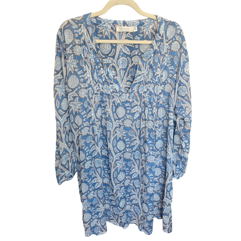 BluThreads Rockflowerpaper Dress Blue Floral Cotton Pintuck Beach Cover Up XL